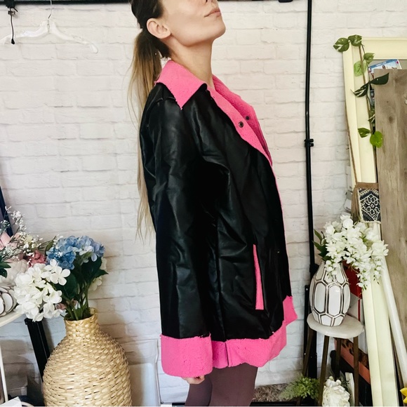 Black Leather Pink Sherpa Coat - Picture 9 of 13